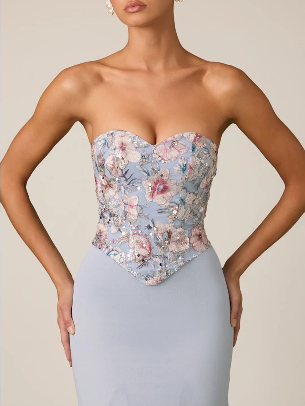 NWT Oh Polly Lysana Embellished Corset Fishtail Gown in Floral Blue - Picture 3 of 7